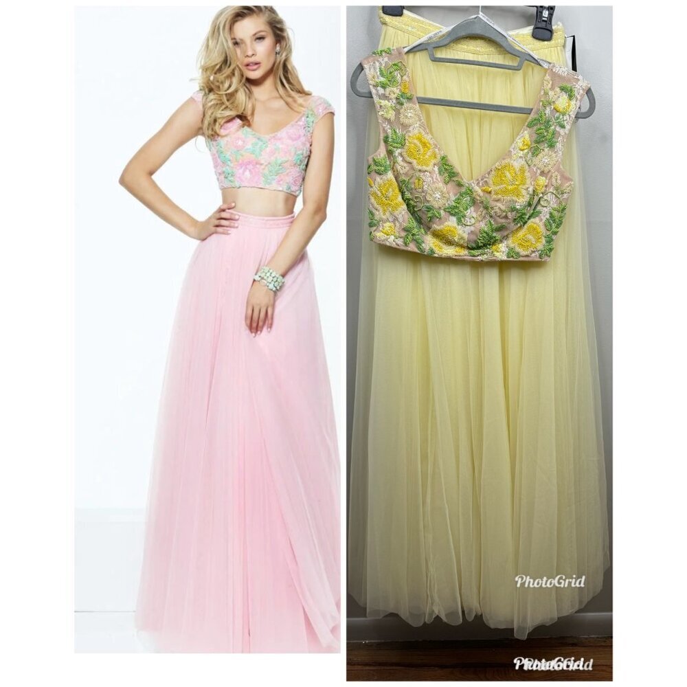 Sherri Hill Yellow Dress Two Piece Yellow Crop Top Tulle Skirt Embellished Sz 6